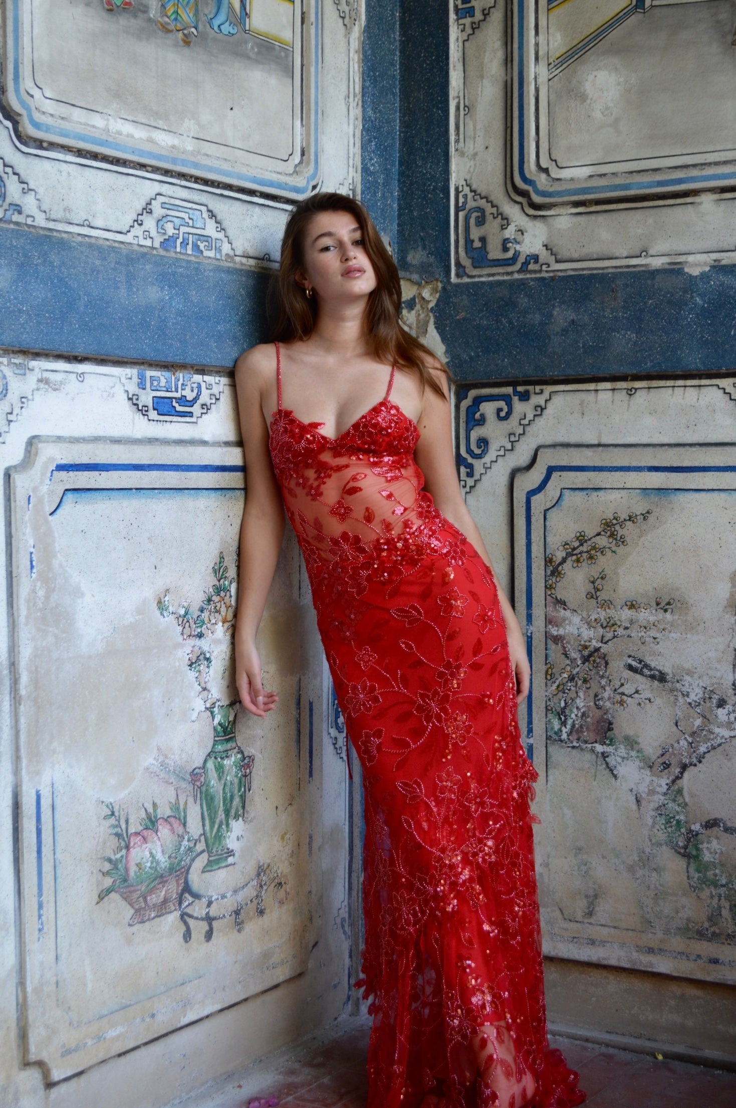 Red Maxi Dress with Digital Print and Embroidery Work – Fabvilla